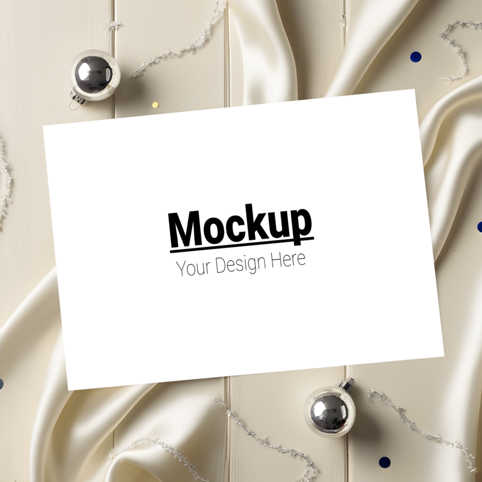 Elegant Christmas Card Mockup with Silk Fabric and Festive Ornaments psd