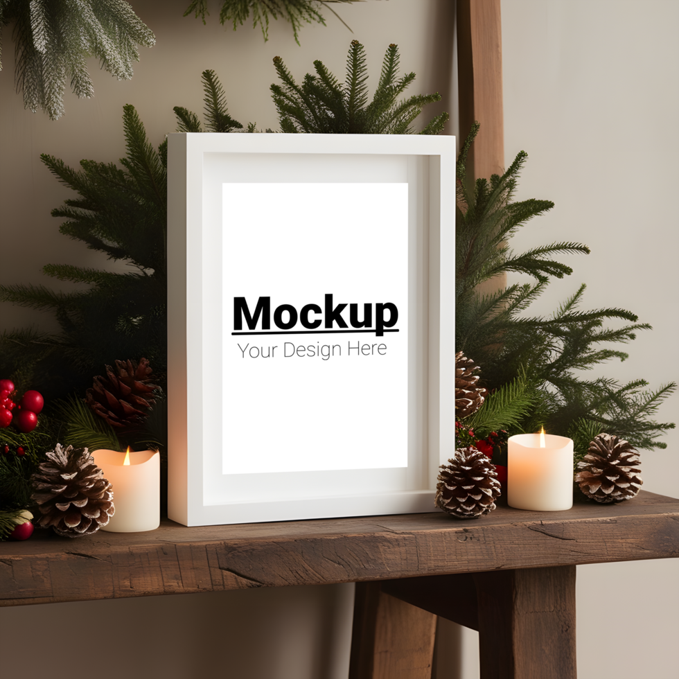 Christmas Frame Mockup with Festive Decor on Mantelpiece psd