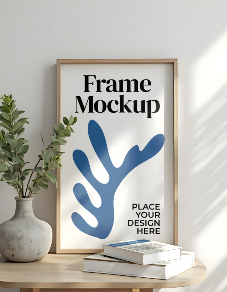 Frame Mockup In Living Room With Wodden Table psd
