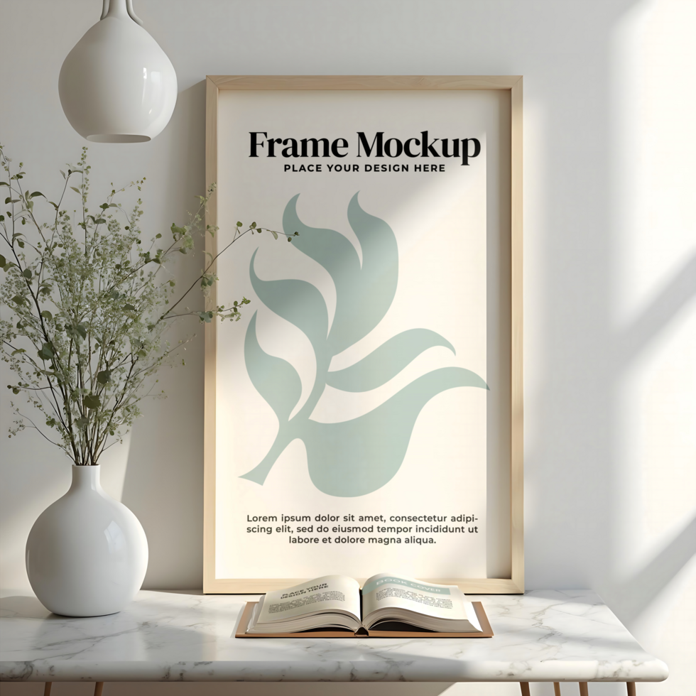 Frame Mockup In Living Room With Vase psd