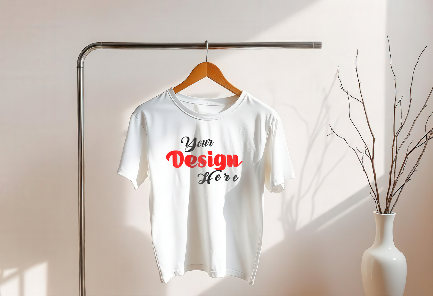 Modern Graphic Tee Design Mockup Displayed on a Hanger psd