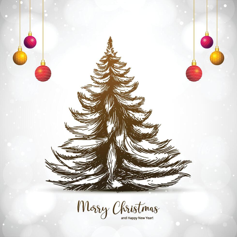 Beautiful merry christmas tree greeting card template vector