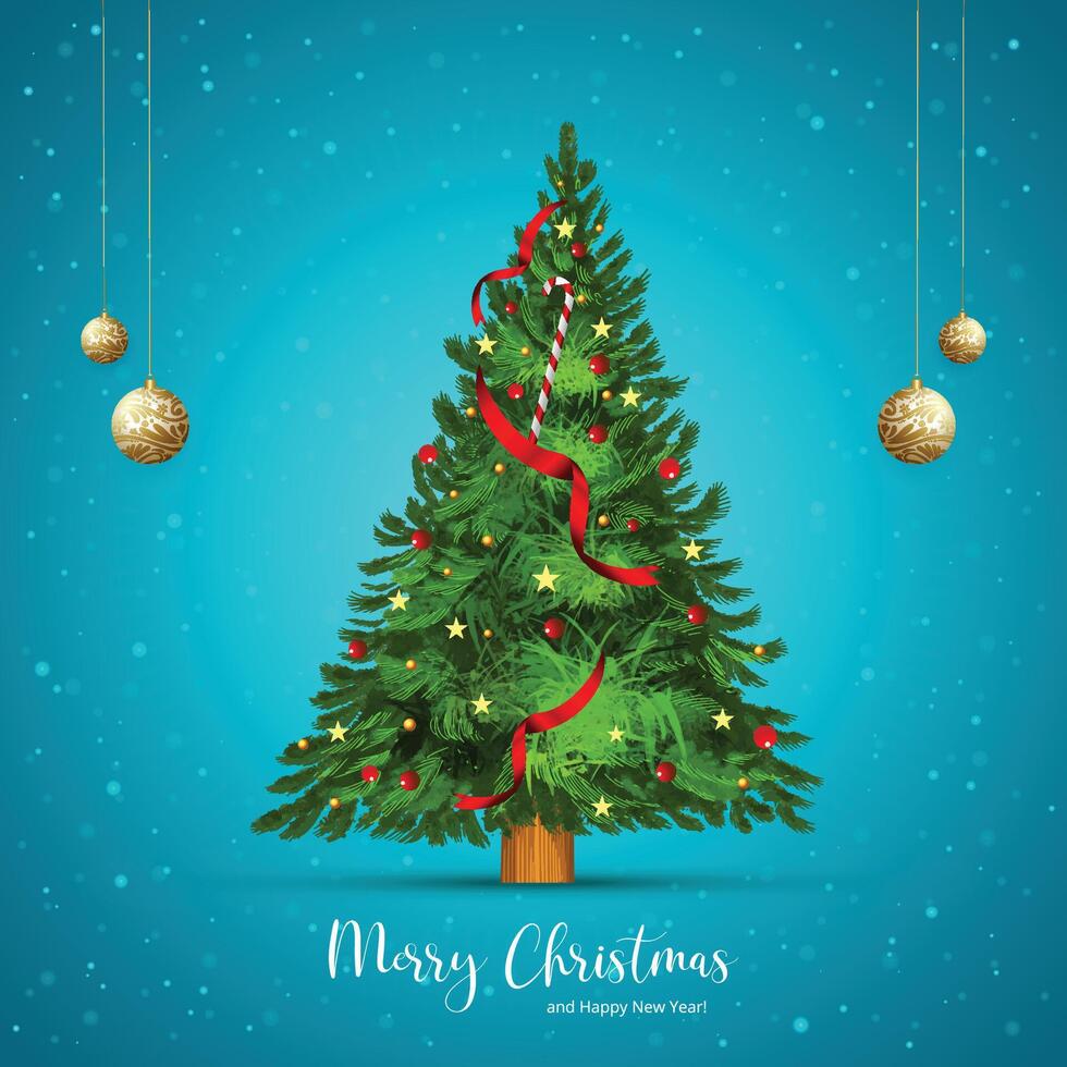 Merry christmas decorative green tree card festival on christmas hanging ball design vector
