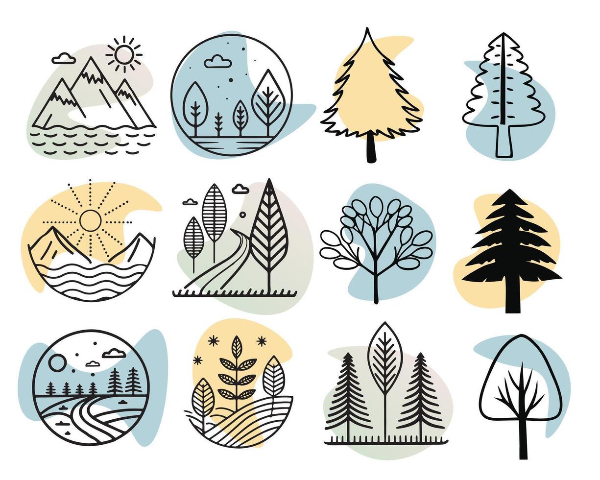 Flat Minimalist Tree and Mountain Nature Icon Set vector