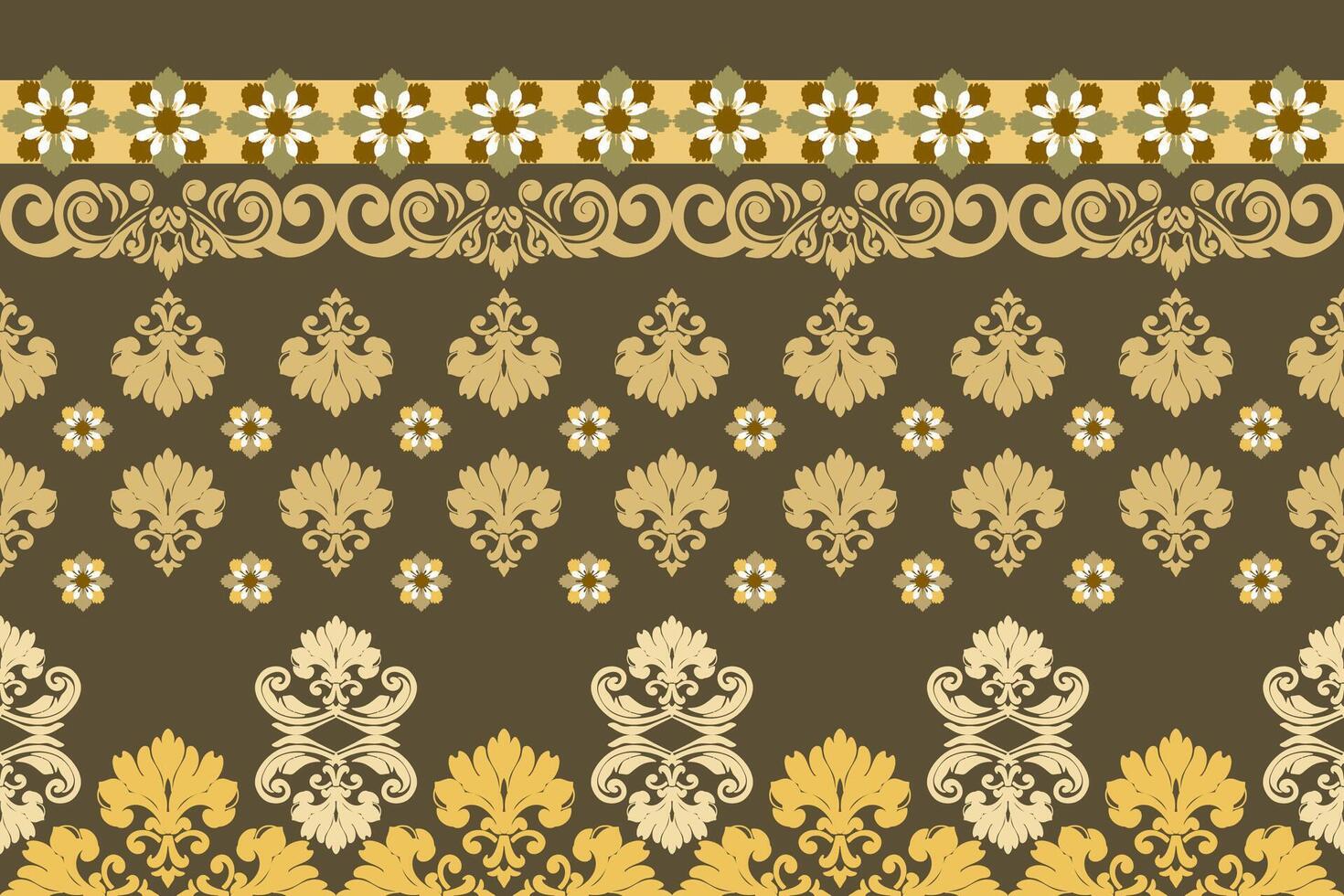 Abstract Ikat luxury golden and yellow floral damask shape seamless and lace pattern on brown wallpaper and background. Tribal and culture concept vector