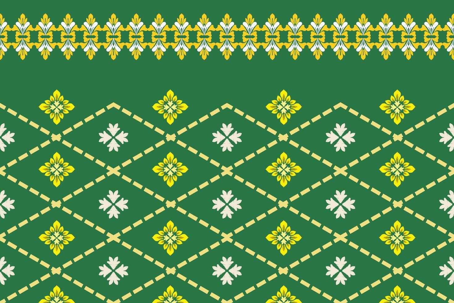 Abstract Ikat golden and yellow floral damask shape seamless pattern and white dash line on green wallpaper and background. Tribal with Asian culture and Christmas holiday concept vector