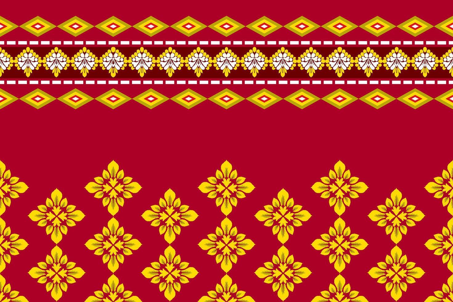 Abstract Ikat golden and yellow floral damask shape seamless pattern on red wallpaper and background. Tribal and Asian culture concept vector
