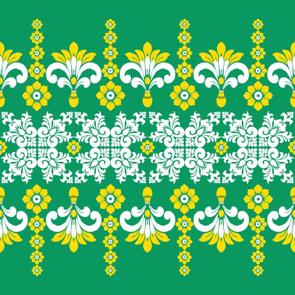 Abstract Ikat white and yellow floral damask shape seamless pattern on green wallpaper and background. Christmas and new year concept vector