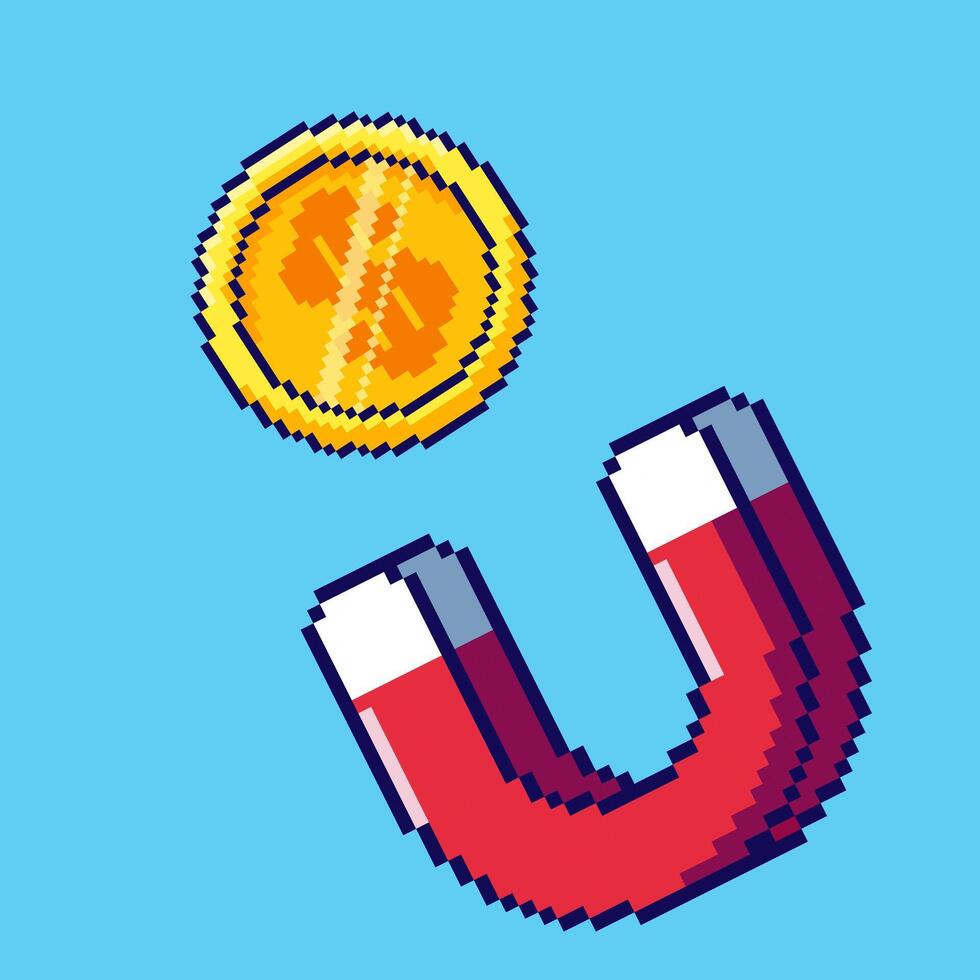 Pixel art Magnet Attracts Money game asset design vector