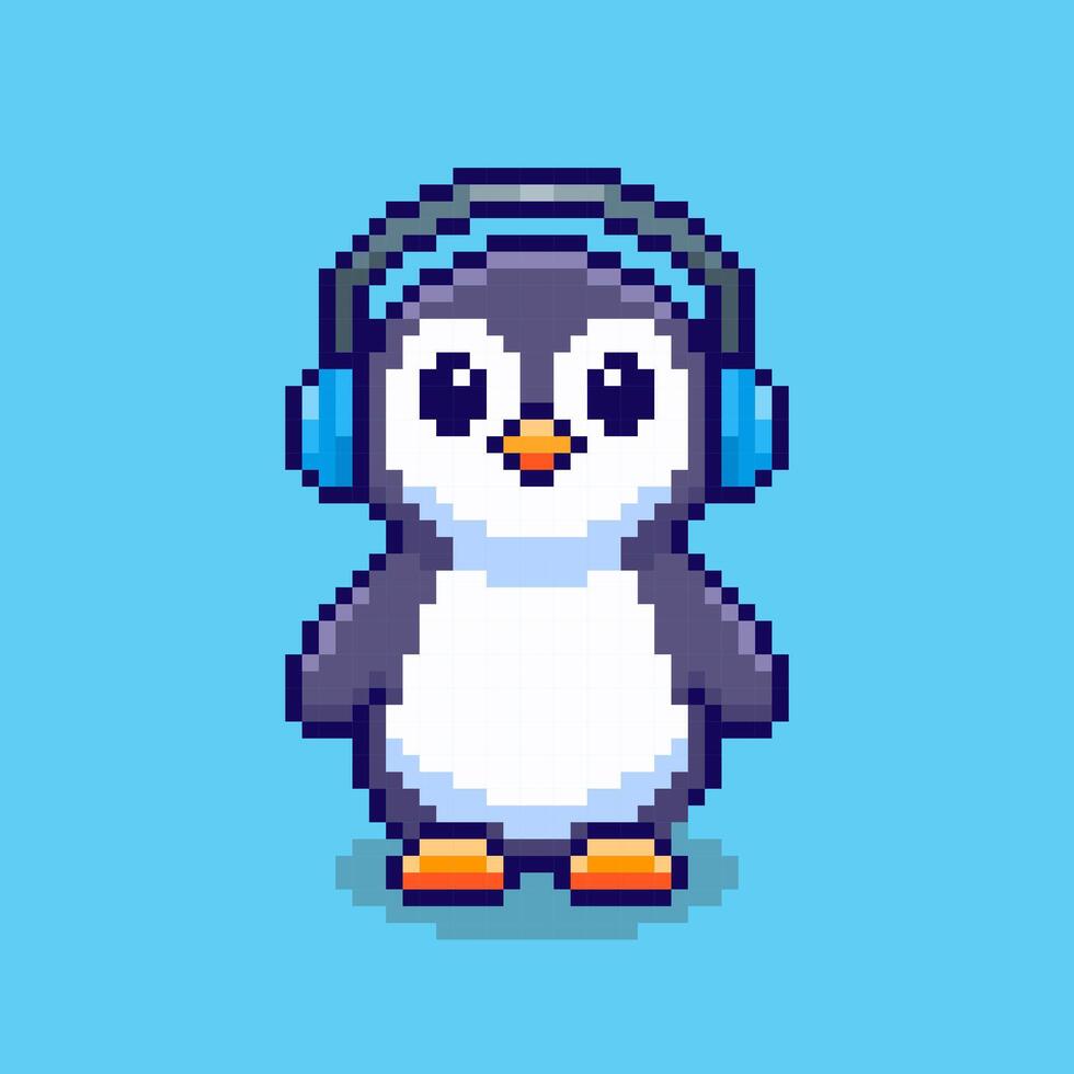 Pixel art Penguin with Headphones game asset design vector