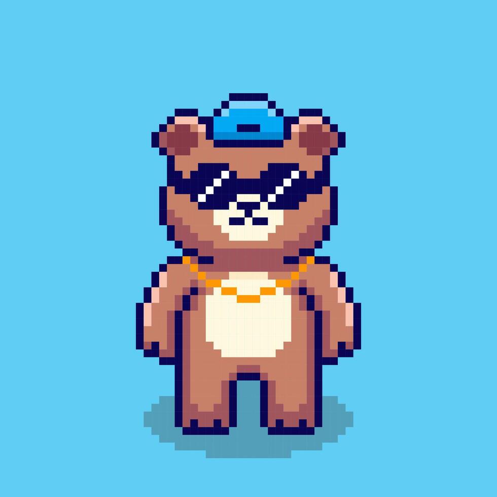 Pixel art Cool Bear with Cap and Sunglasses game asset design vector