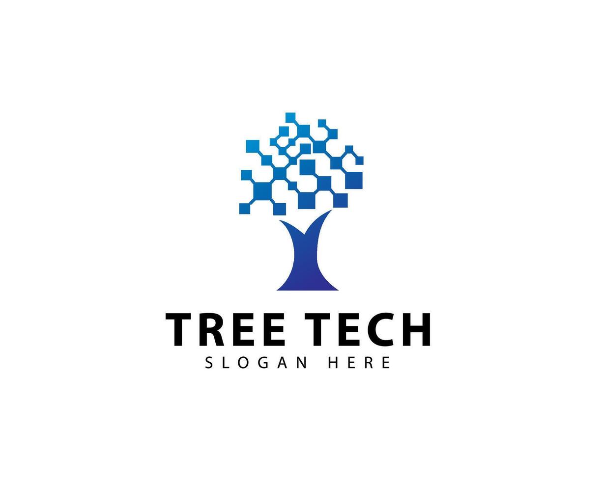 Tree tech logo creative with interconnected molecule concept vector