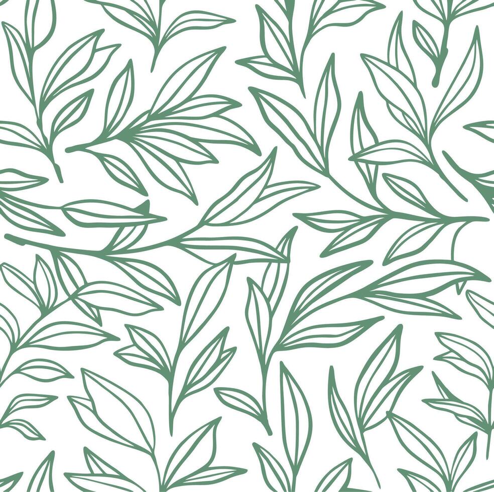 seamless pattern with line art green leaves vector