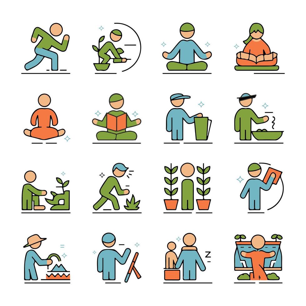 A vibrant, colorful icon set illustration representing popular New Year resolutions vector