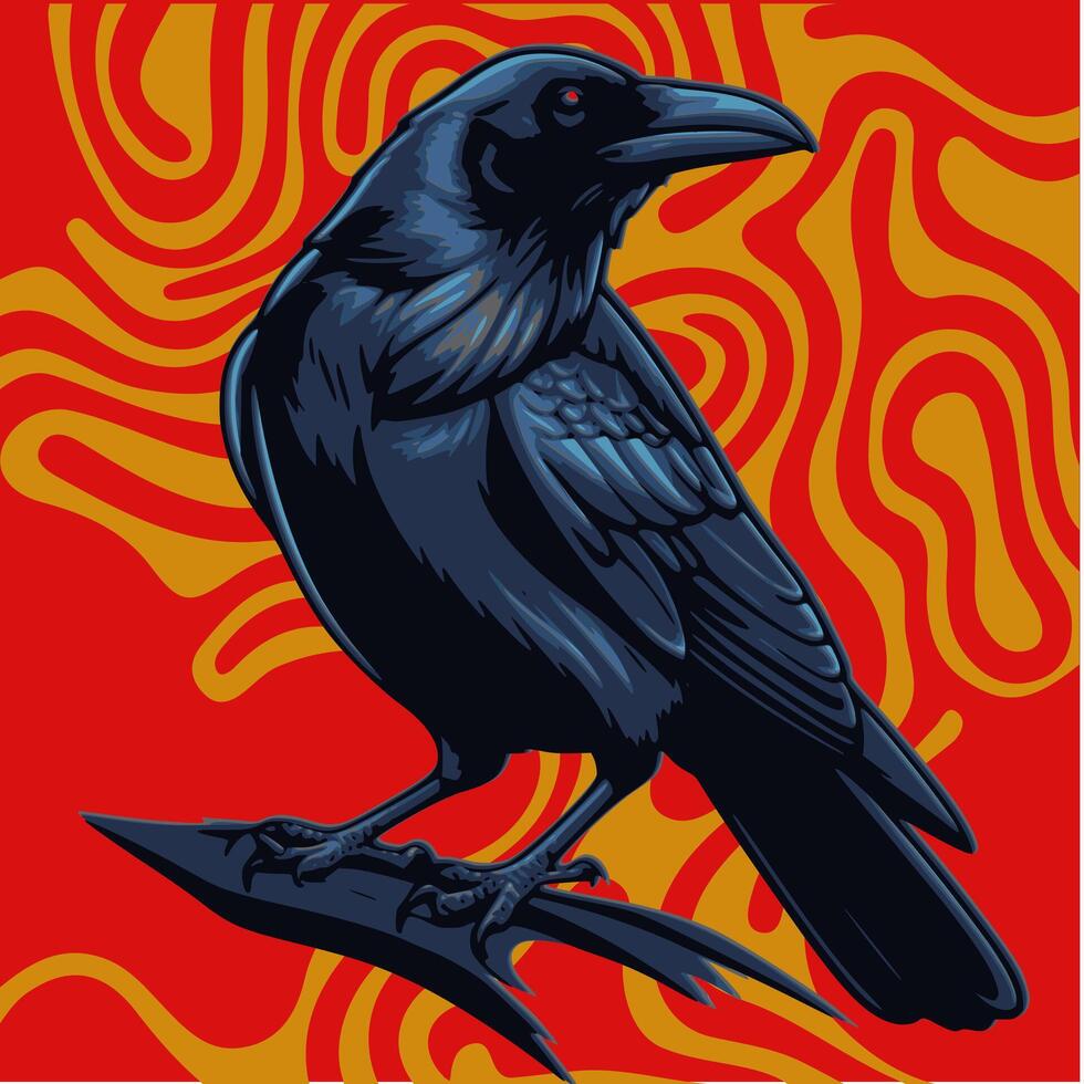 A crow sitting on a branch with a red background vector