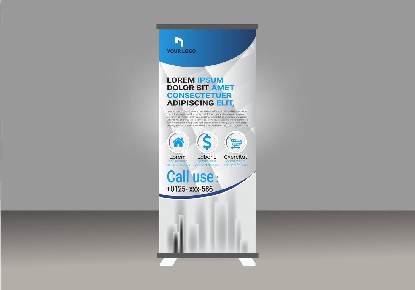 Roll up banner stand with a blue and white design vector