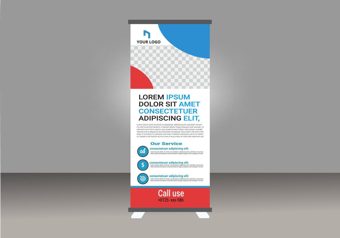Roll up banner design layout with a red, blue and white design vector
