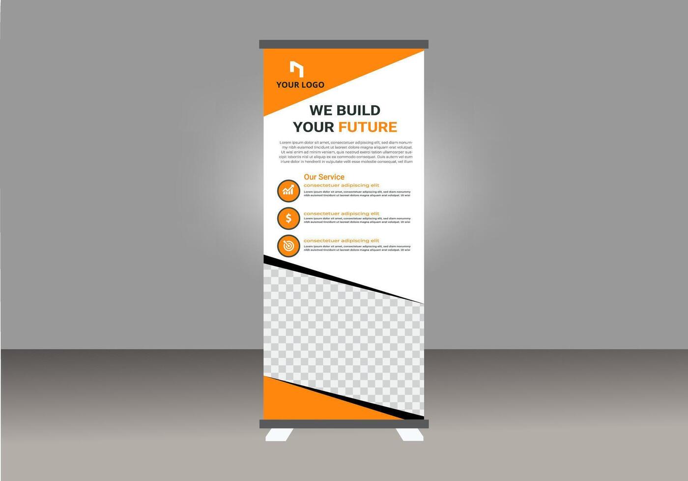 Roll up banner design layout with an orange and black design vector