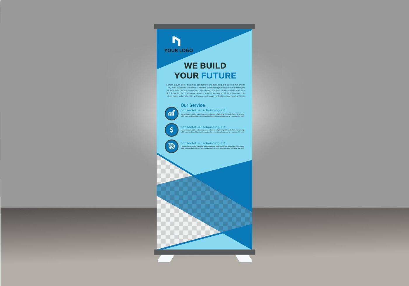 Roll up banner design layout with blue and white design vector