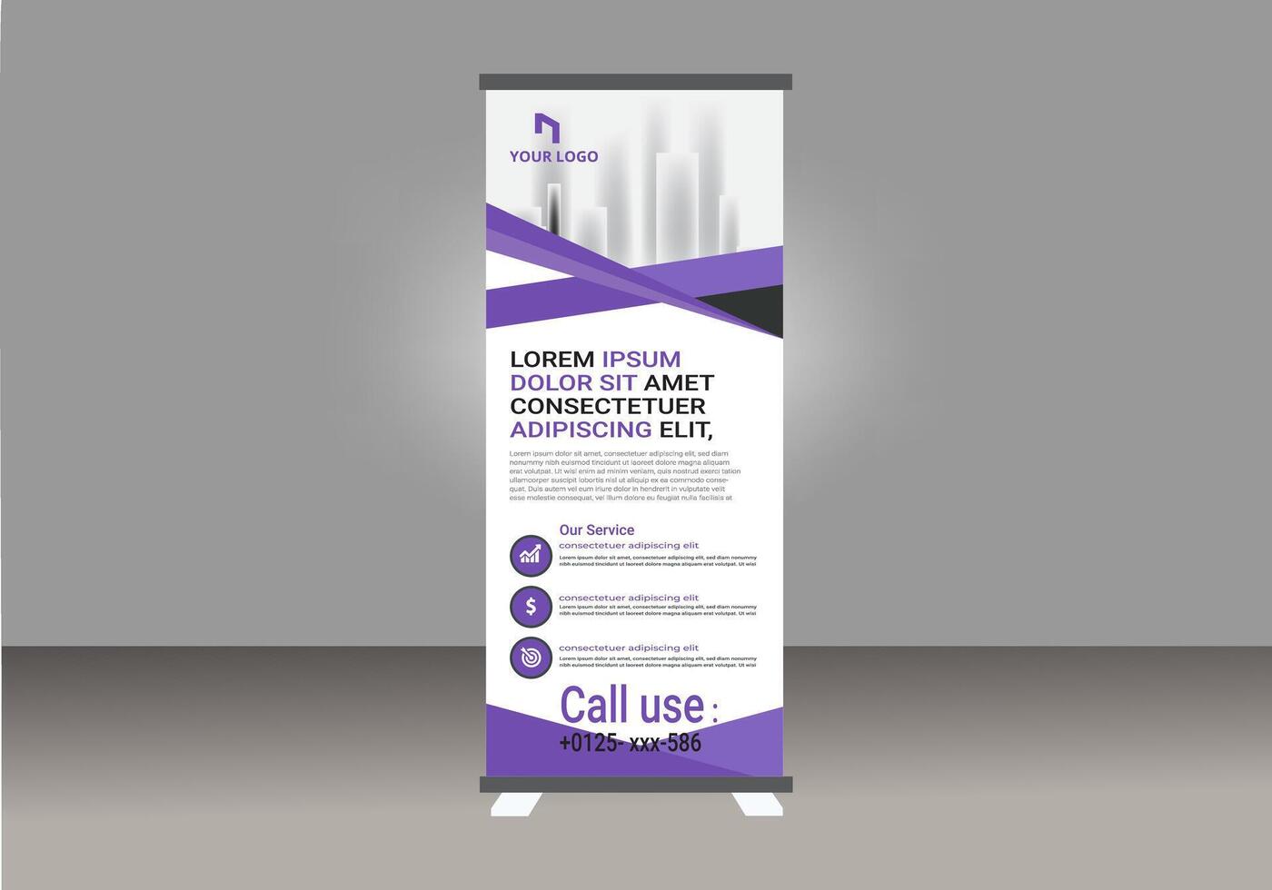 a roll up banner with purple and white design vector