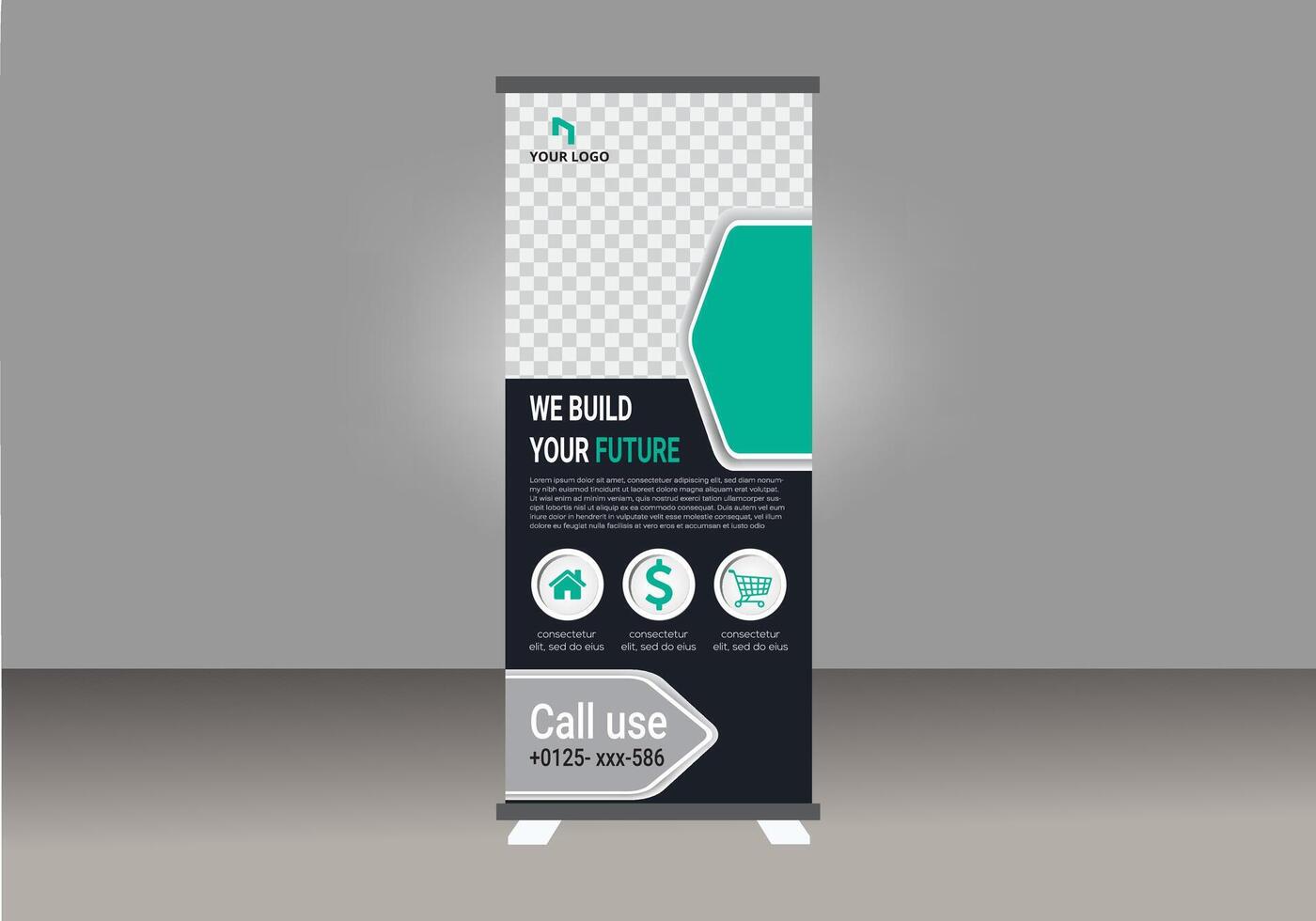 Roll up banner design layout with a green and white design vector