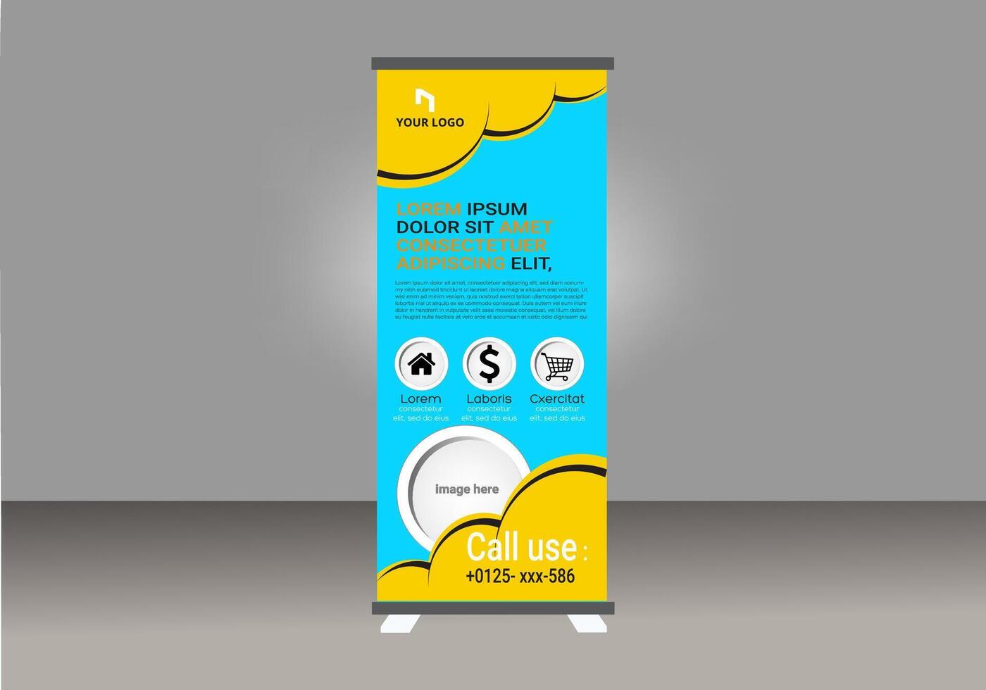 Roll up banner with a yellow and blue design vector