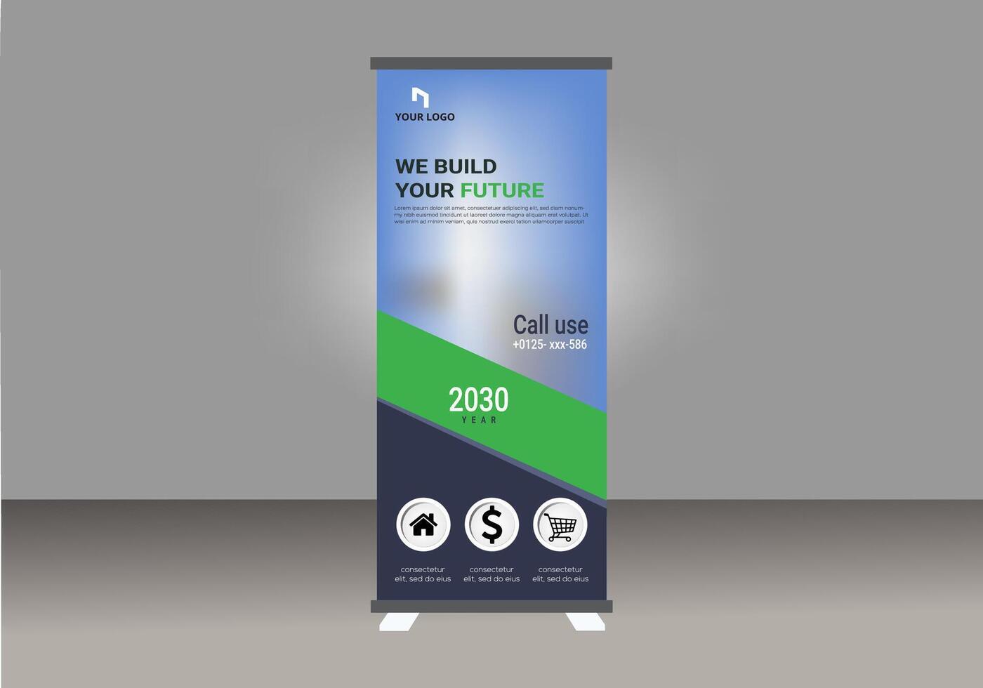 Roll up banner design layout stand with a green and blue design vector