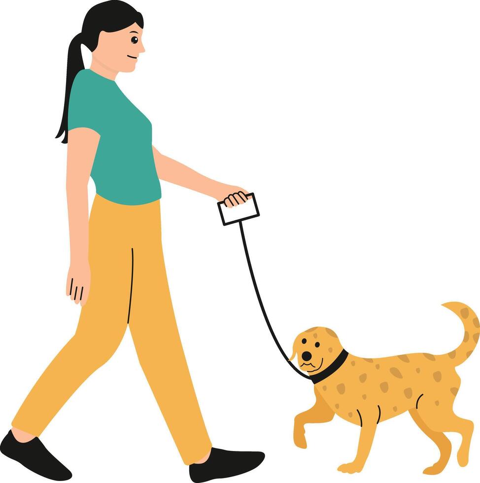 A woman walking a dog with a leash vector