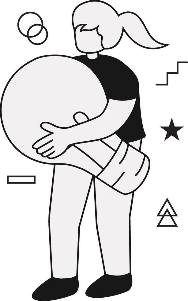A black and white drawing of a woman holding a light bulb vector
