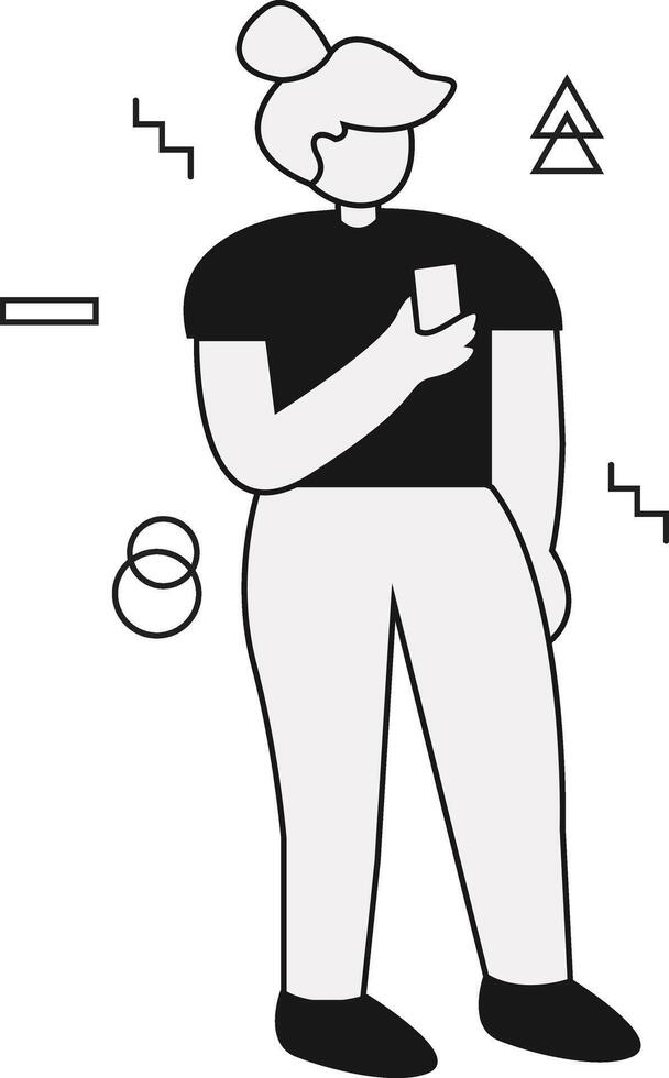 A black and white illustration of a person holding a phone vector