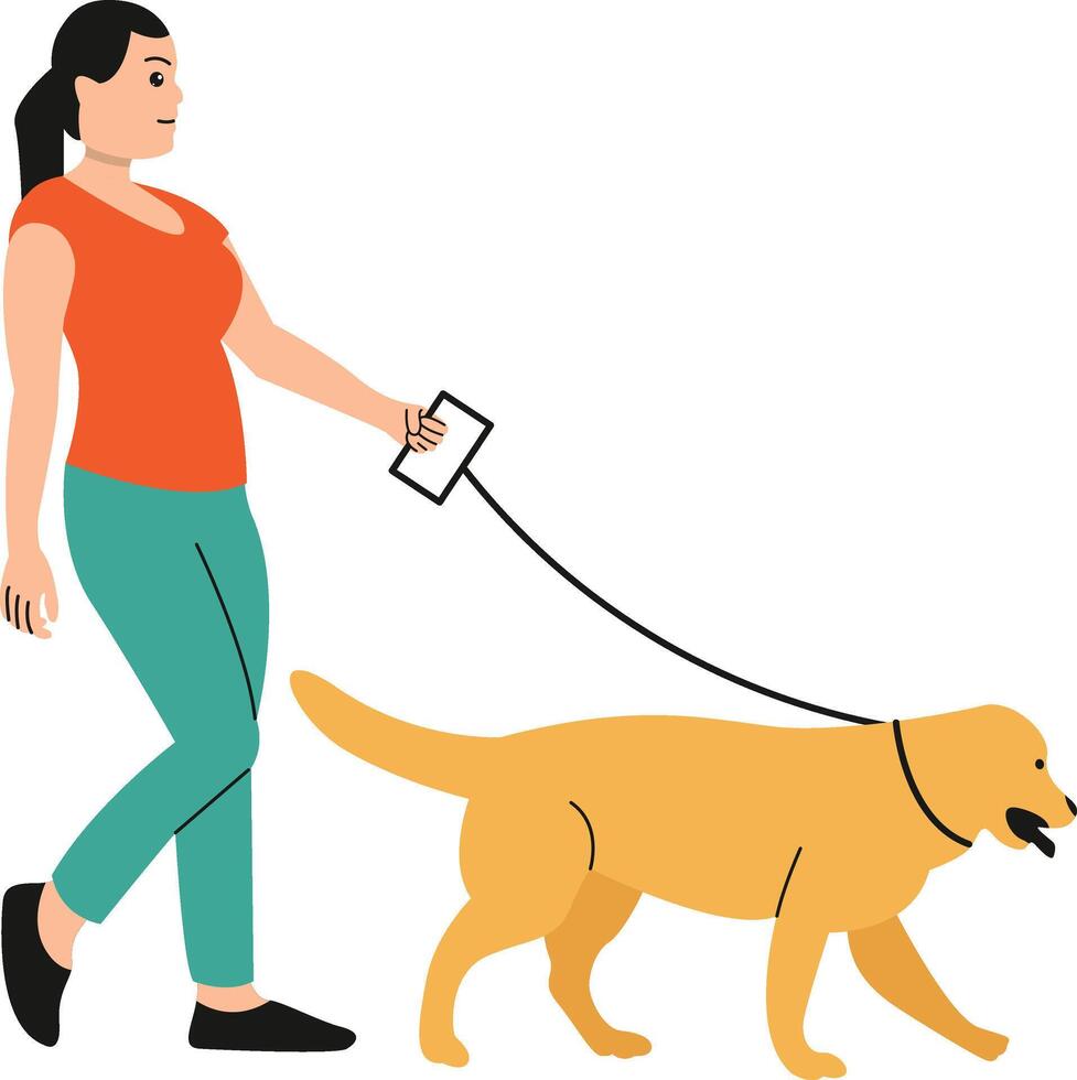 A woman walking a dog with a leash vector