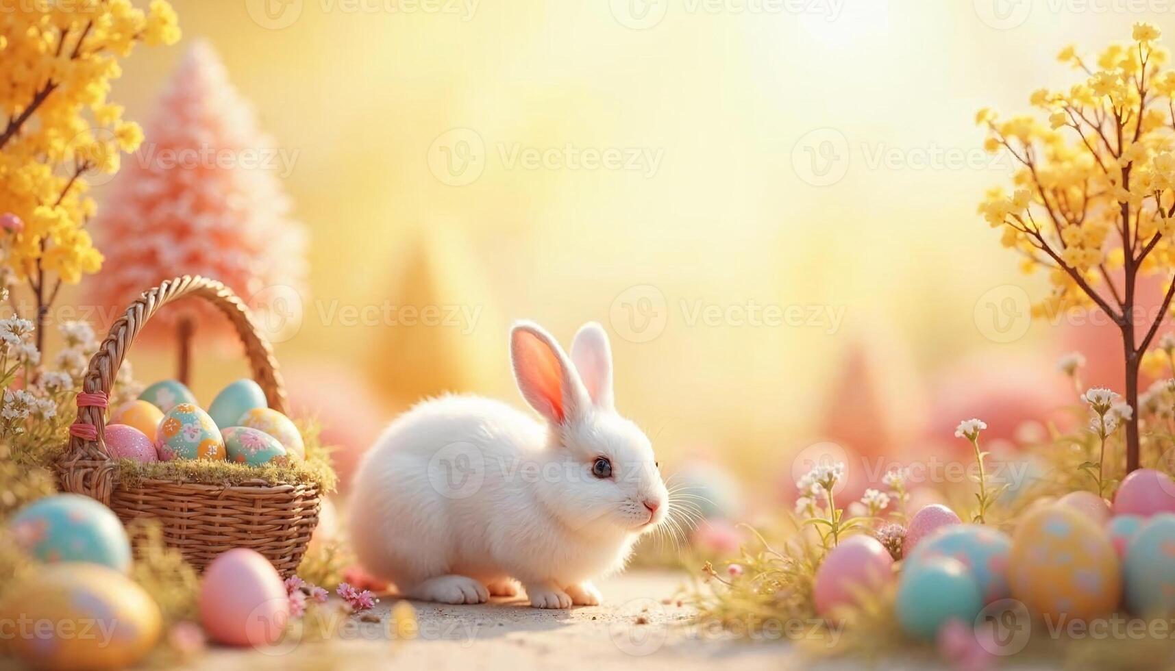 A white rabbit is sitting in front of a basket full of easter eggs photo