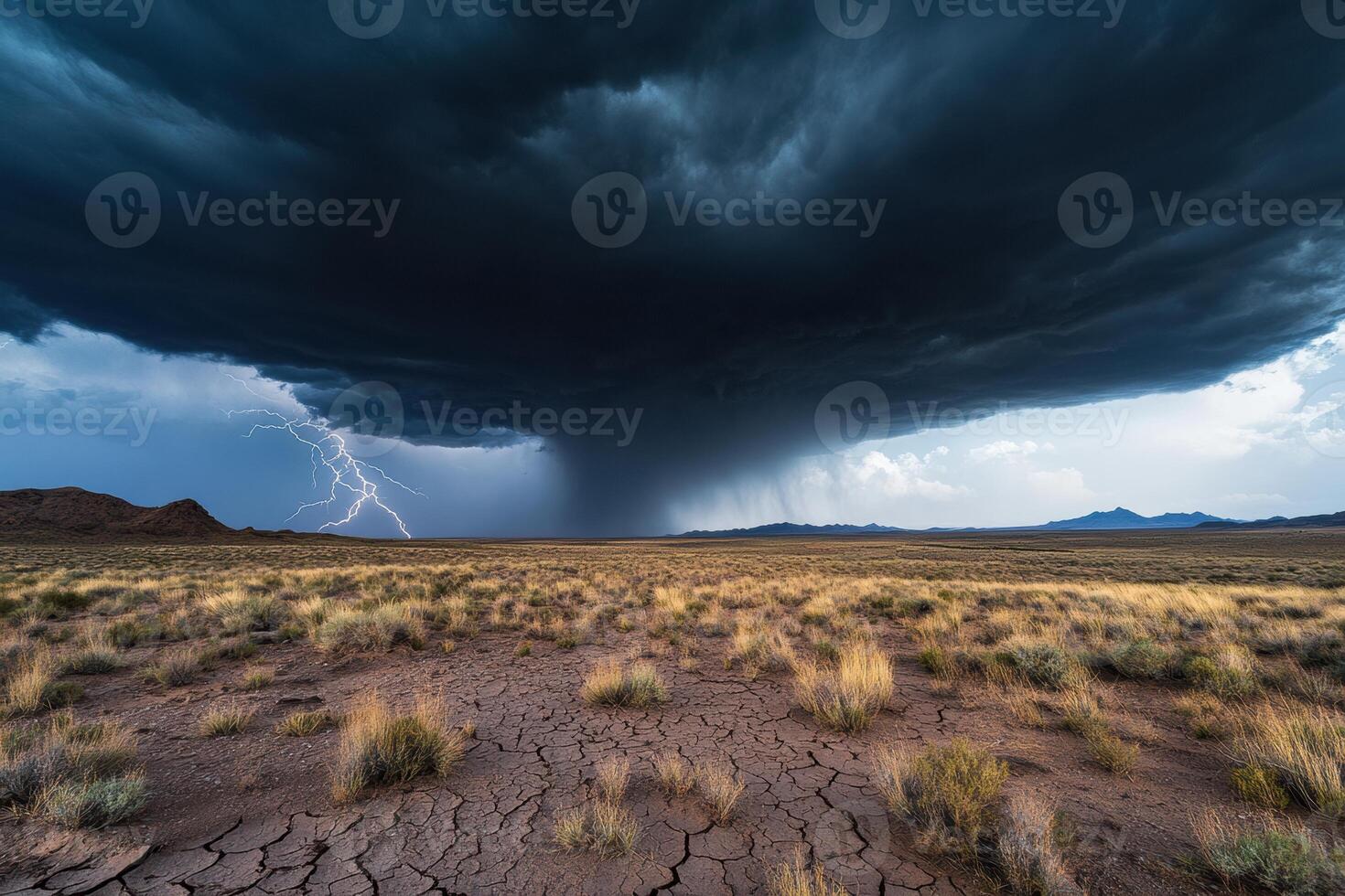 Dark storm clouds loom over the arid desert, crackling with lightning as nature prepares for a powerful rainstorm. photo