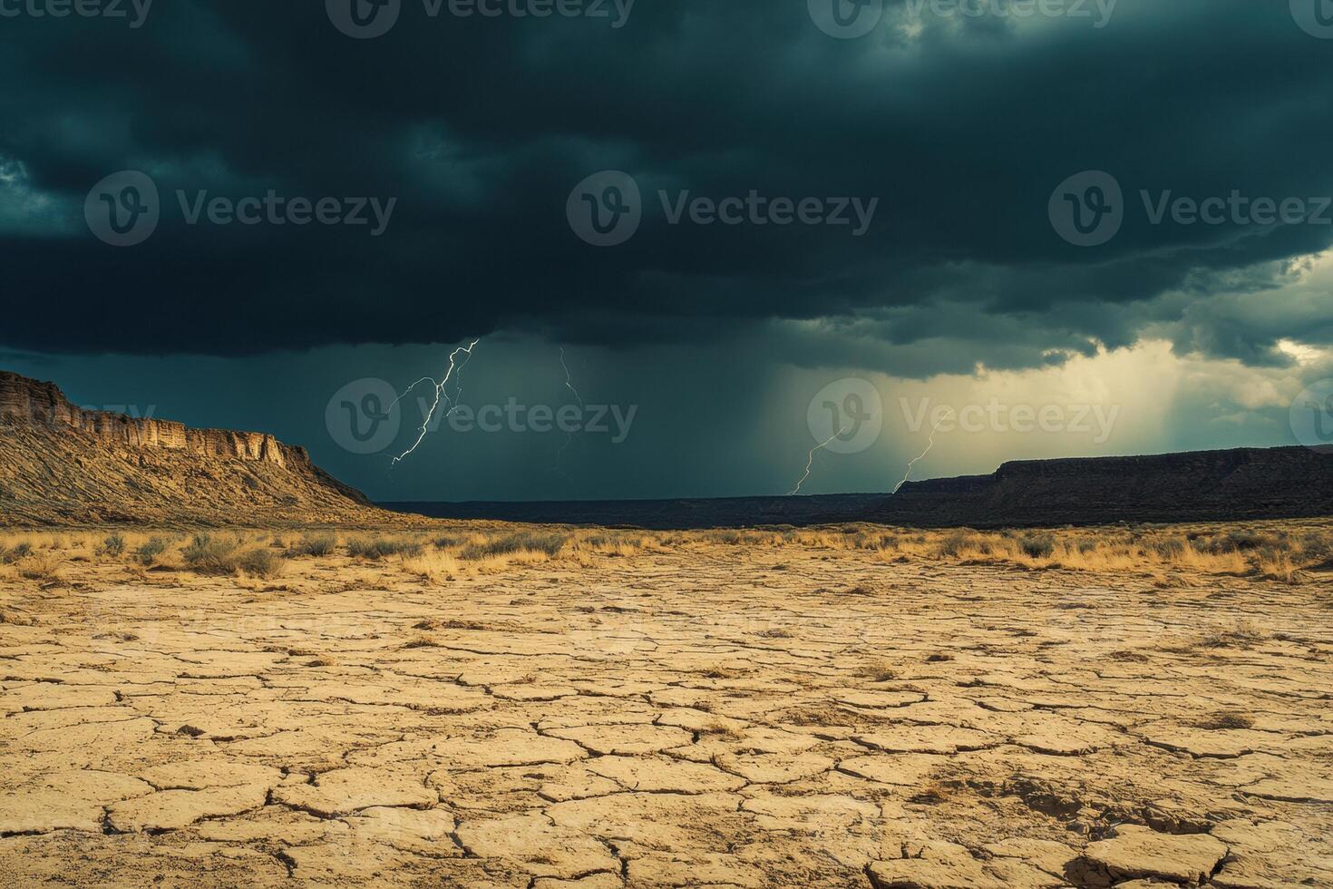 Dark clouds gather ominously over the arid land as lightning strikes, signaling an impending storm in the desert at dusk. photo