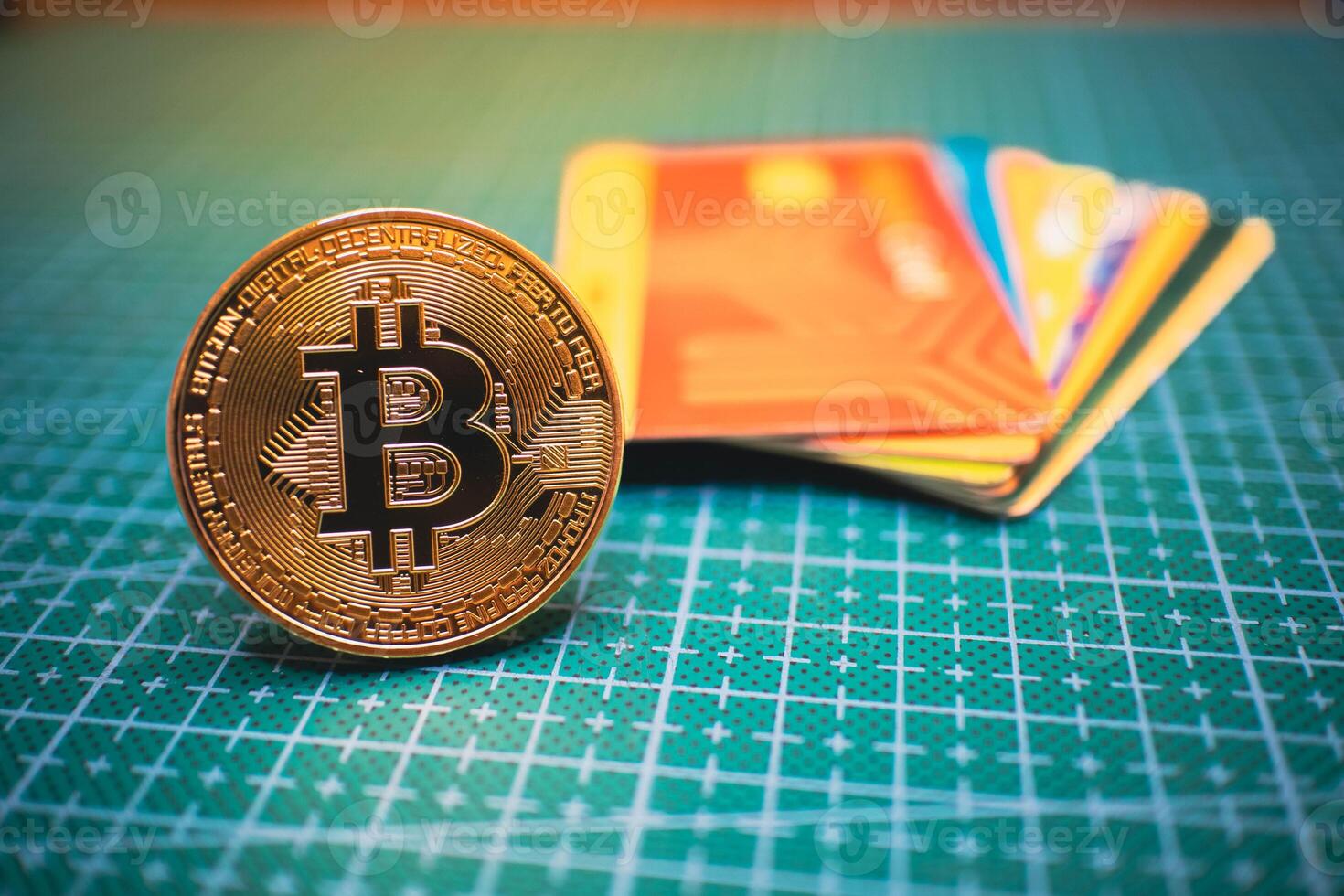 Golden Bitcoin with Credit Cards on Green Grid Surface, Cryptocurrency. photo