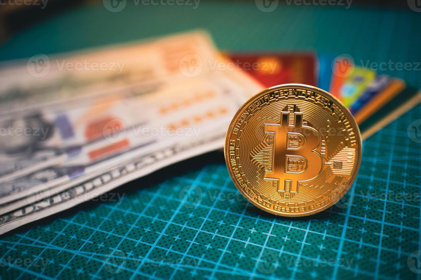 Golden Bitcoin with US Dollars on Green Grid Background, Cryptocurrency. photo