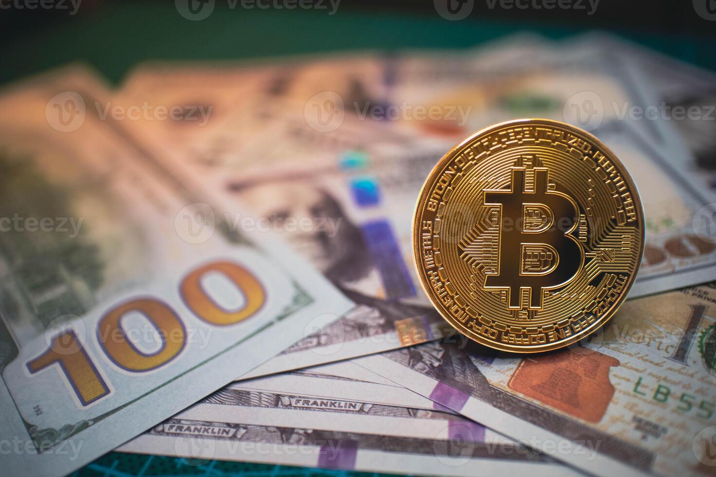 Golden Bitcoin with US Dollar Bills, Cryptocurrency Finance Concept. photo