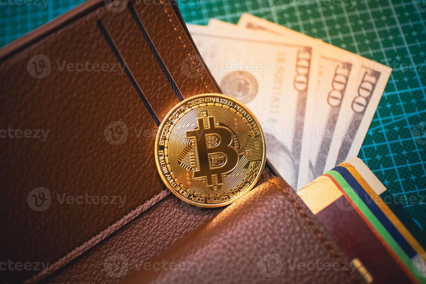 Golden Bitcoin in Wallet with US Dollars and Credit Cards, Cryptocurrency. photo