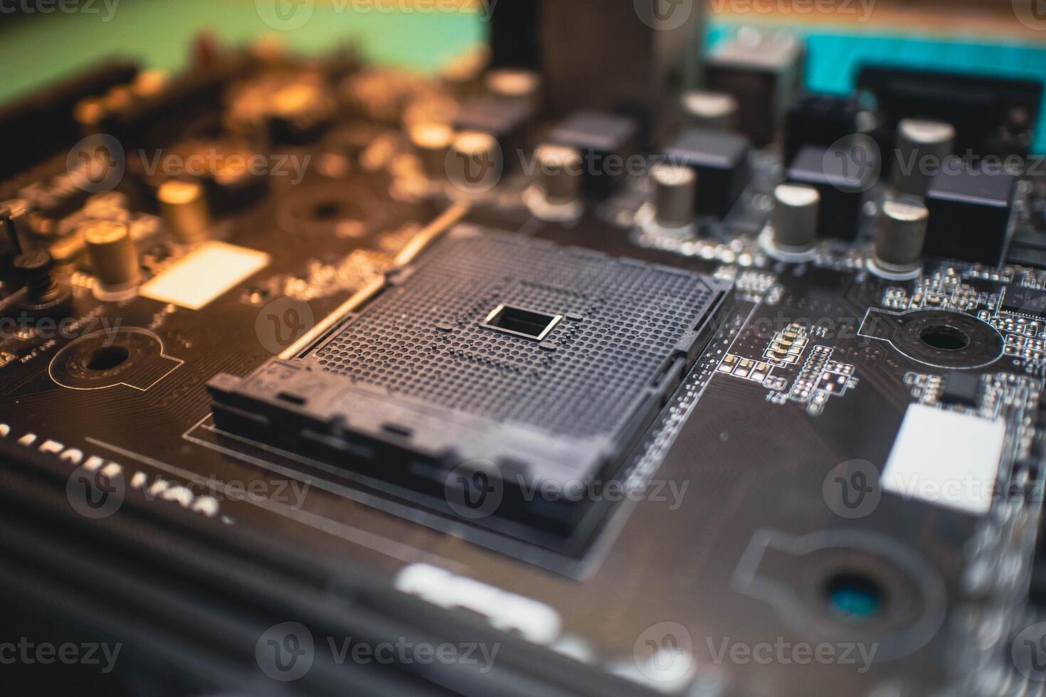Black Motherboard CPU Socket Close up, Technology Circuit Board. photo