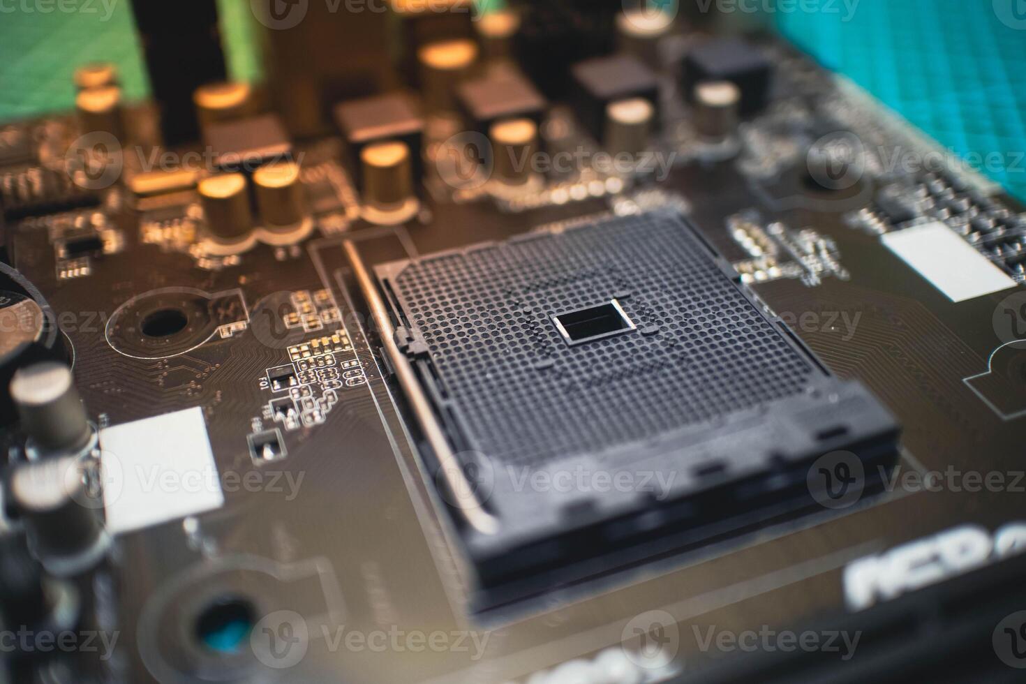 Black Motherboard CPU Socket Close up, Circuit Board Technology. photo