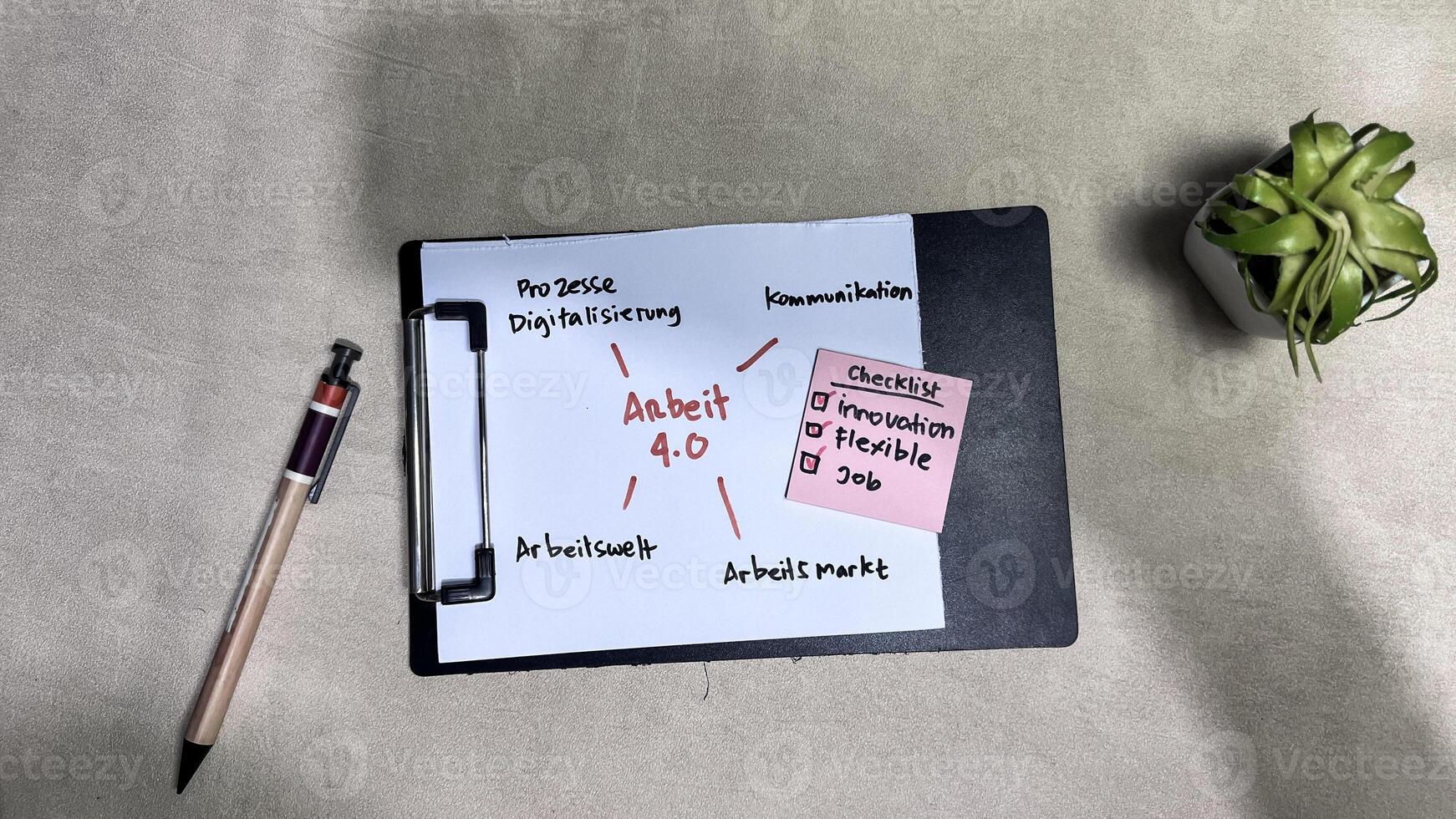 Concept of Arbeit 4.0 on German Language write on paperwork isolated on Wooden Table. German Language it means Work photo