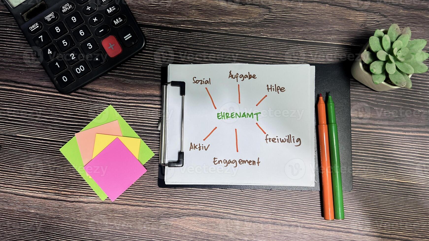 Concept of Ehrenamt on German Language write on paperwork isolated on Wooden Table. German Language it means volunteer work photo