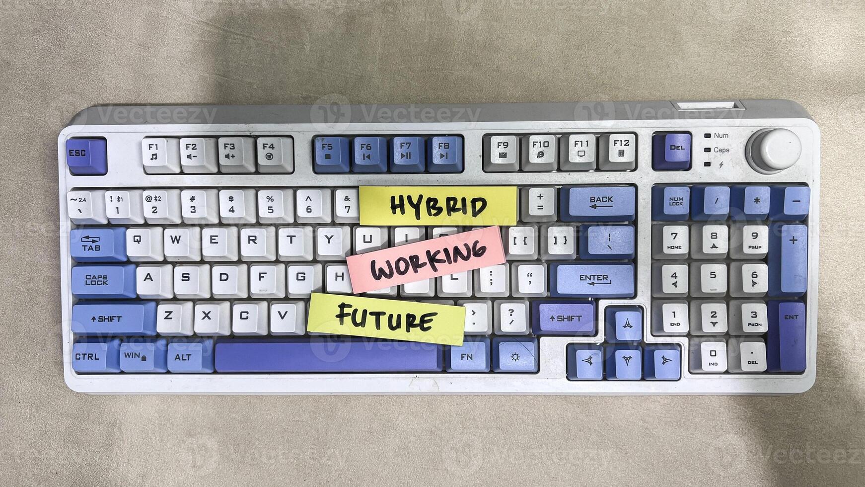 Concept of Hybrid, Working, Future write on sticky notes isolated on Wooden Table. photo