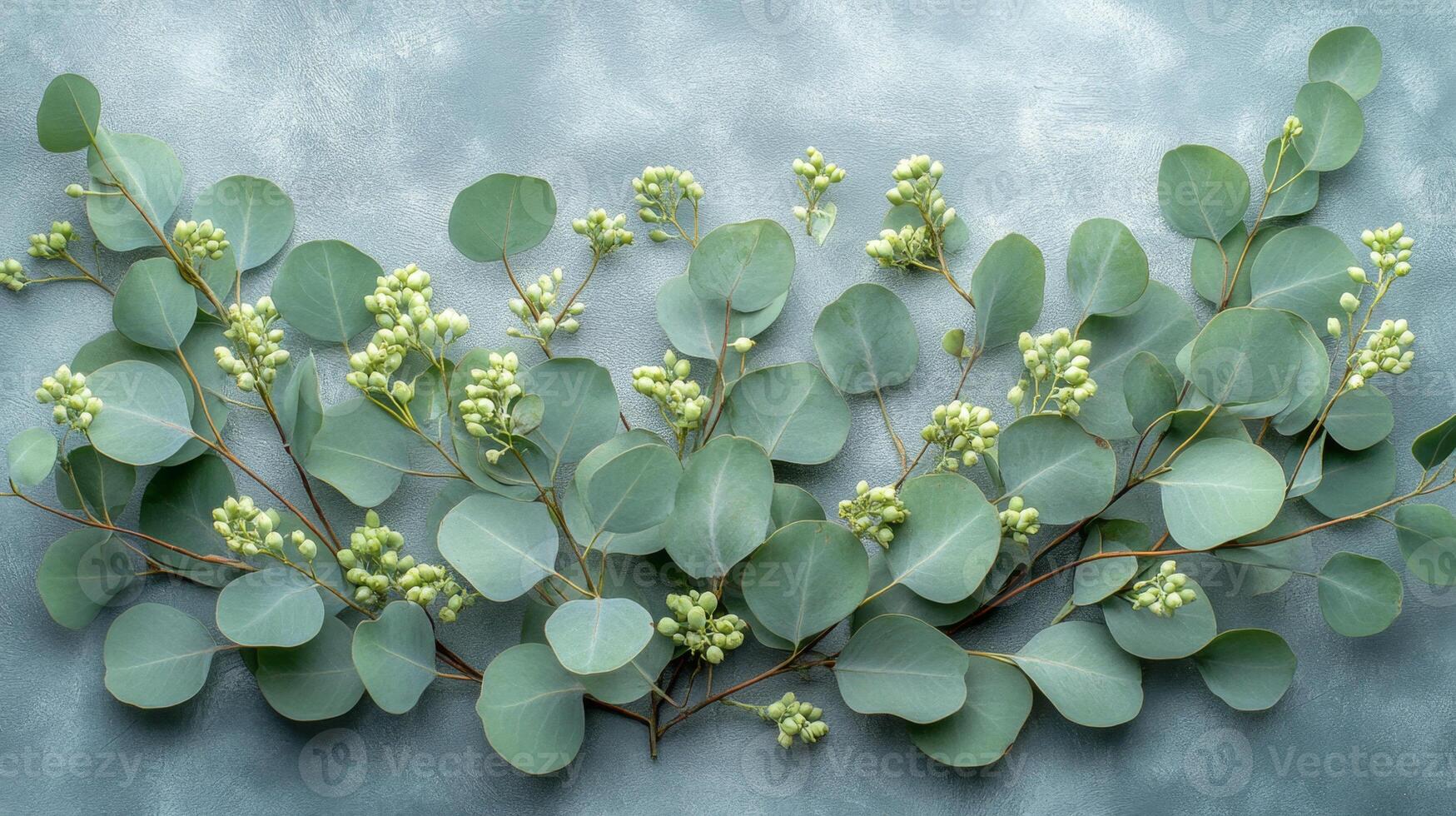 The magnificent eucalyptus branch has characteristic rounded leaves neatly arranged in the center. photo