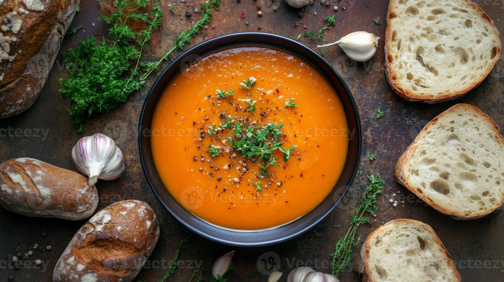 A hearty bowl of pumpkin soup of pumpkin, fresh thyme, and a drizzle of cream, surrounded by slices of crusty bread and garlic cloves. photo