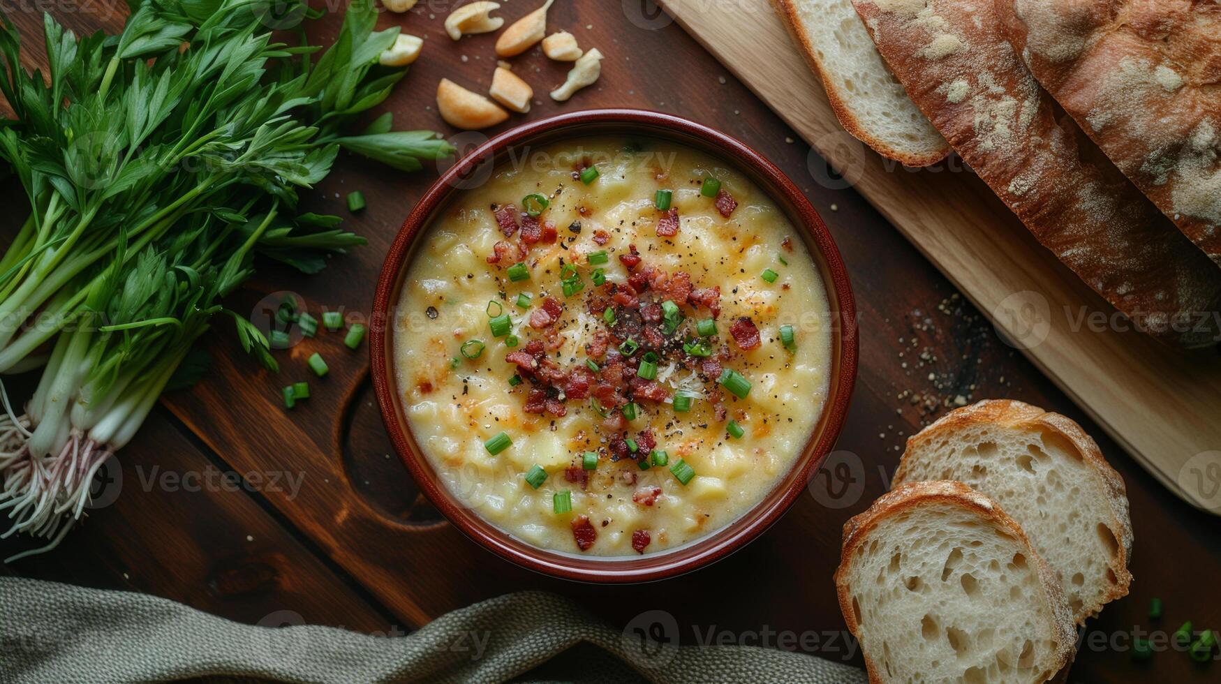 A colorful bowl of soup with potatoes, crispy bacon and fresh herbs, garnished with green onions and grated cheese next to slices of bread. photo