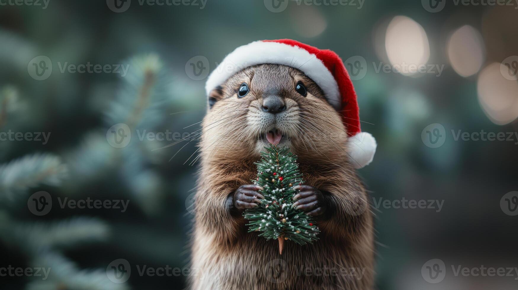 Cute beaver with Christmas tree banner. photo