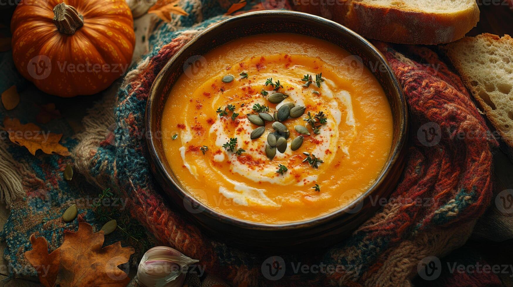 This attractive bowl of creamy pumpkin soup, flavored with pumpkin seeds and fresh herbs, sits on a wooden board next to slices of country bread, making it the perfect meal for cool fall days. photo