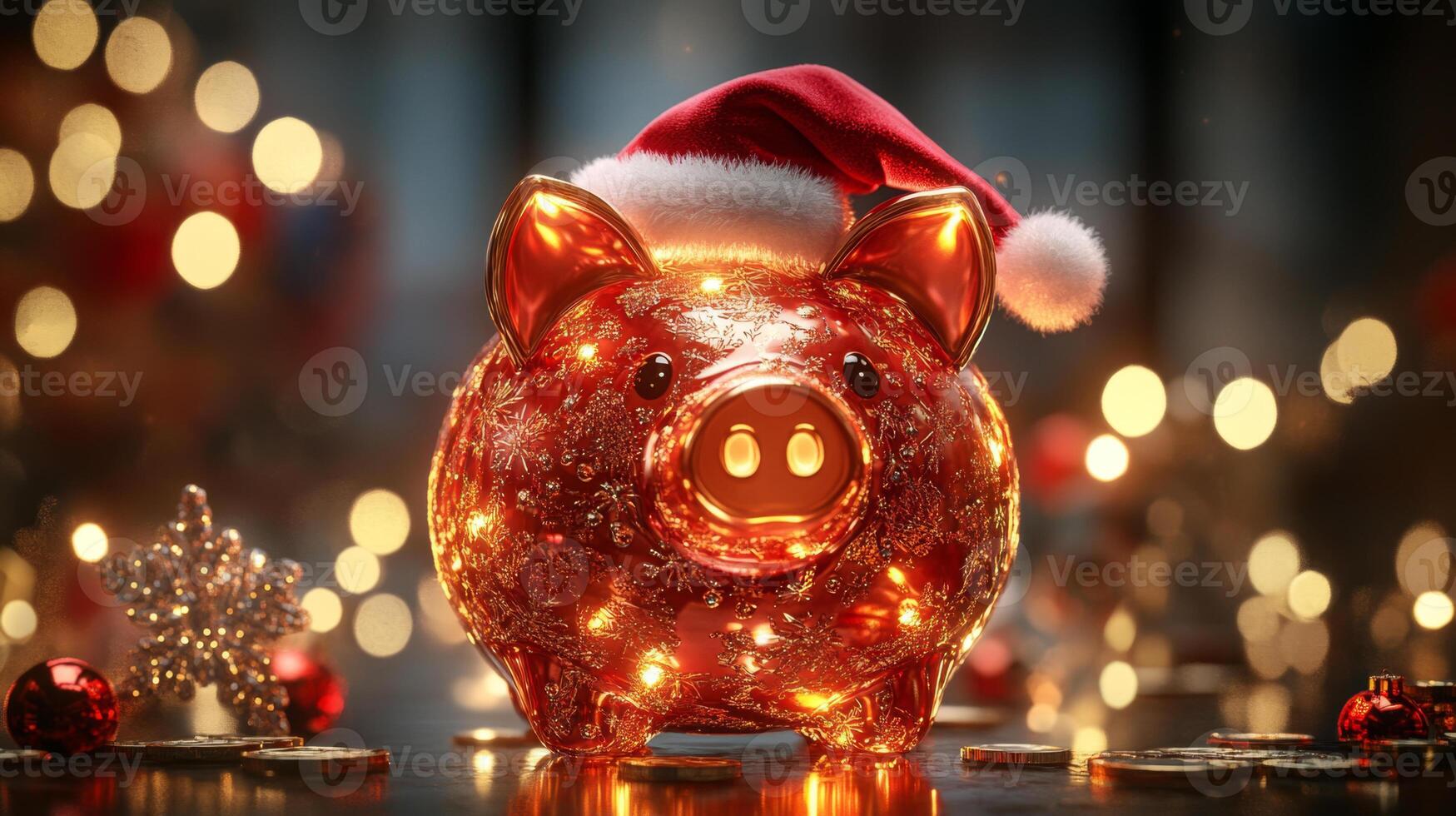 A glowing cheerful piggy bank in a Santa hat stands on a table, surrounded by soft glowing holiday lights. Creating a magical Christmas atmosphere. photo