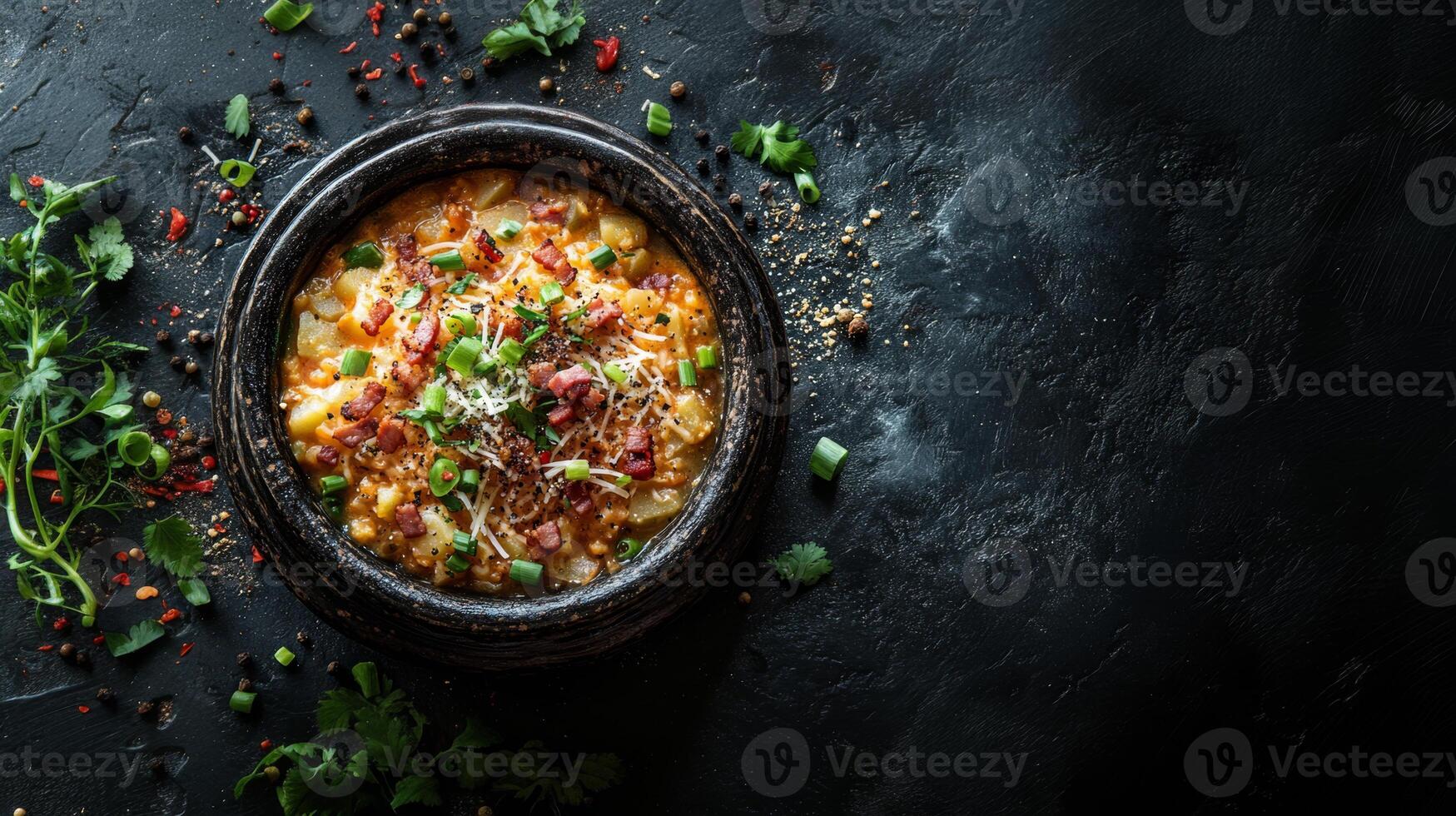 A vibrant bowl of chowder loaded with potatoes, crispy bacon, and fresh herbs, accented with green onions and grated cheese. The dark, textured background adds to the cozy. photo
